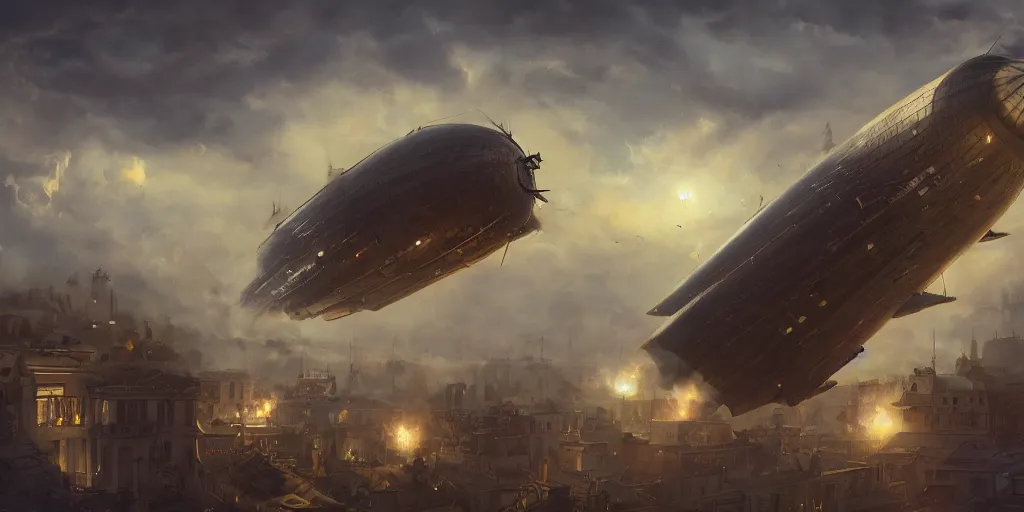 Prompt: james paick - a victorian airship under attack over the city, vibrant, 5 0 mm lens, game environment design, behance hd, dramatic lighting, cinematic, global illumination, deviant art, trending on artstation, bloom