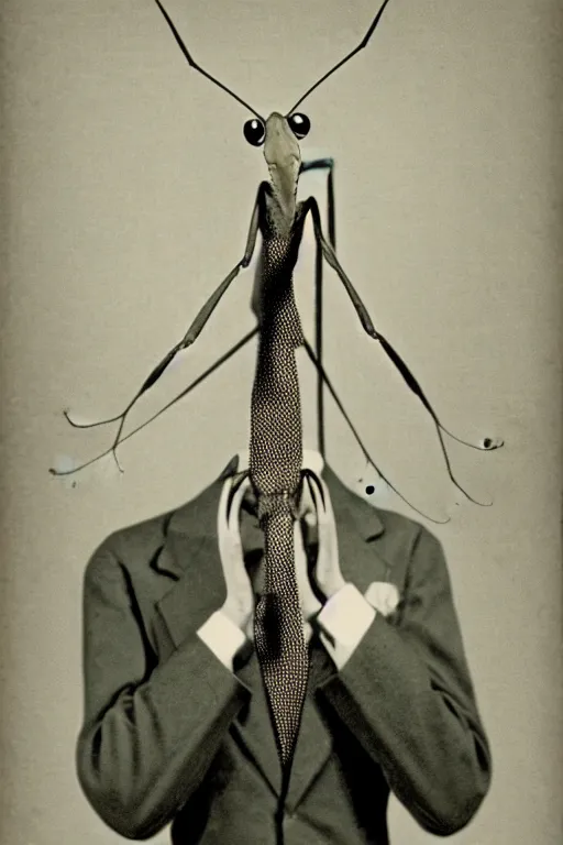 Image similar to anthropomorphic praying mantis, wearing a suit, vintage photograph, sepia