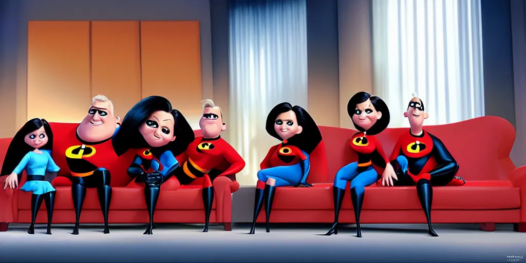 Prompt: the incredibles family sitting on a couch watching television, pixar art, stylish, john lassiter, cinematic frame, relaxed environment,