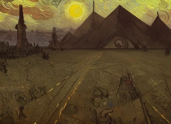 Prompt: triangulum society, illustrated by vincent van gogh, zdzisław beksinski, leonardo da vinci, greg rutkowski, and anton fadeev, trending on artstation, 4 k quality