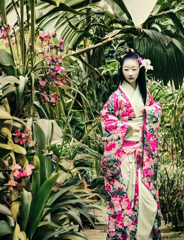 Prompt: fashion photograph of a beautiful Japanese woman wearing a traditional kimono in a tropical orchids greenhouse, by Annie Leibowitz, by Alessio Albi, extremely detailed, large format camera, Fuji Provia film, 85mm lens, bokeh, bokeh, blurred background, photorealistic, trending on instagram, trending on artstation