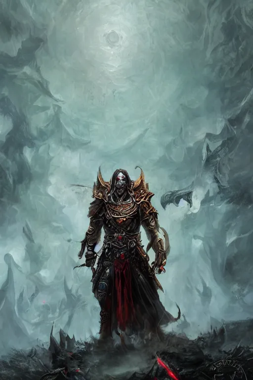 Prompt: Path of Exile, Sirius, bronze face, red eyes, male image with bronze black armor, black shadows, dark red bloody fog fly around, blood, Anachronism, painting, dark fantasy, steampunk, 4k, perfect quality,