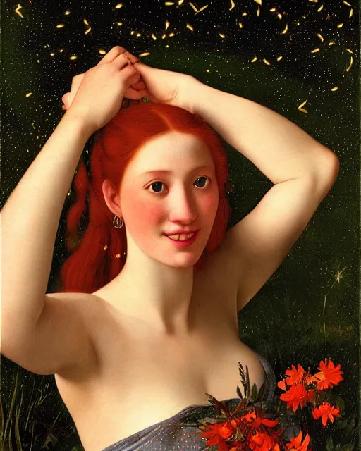 Prompt: a happy a young woman, among the lights of golden fireflies and nature, wearing a wonderful dress, long loose red hair, intricate details, green eyes, small nose with freckles, beatiful smiling face, golden ratio, high contrast, hyper realistic digital art by artemisia lomi gentileschi and caravaggio and artgerm.