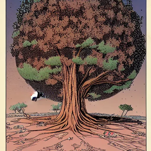 Prompt: a large tree rooted in a crystal planet floating in space, by moebius, the little prince