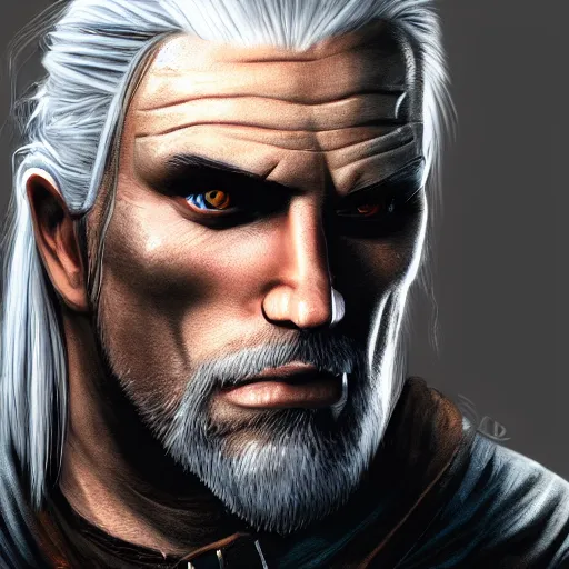 Image similar to caricature portrait of grumpy herp derp geralt of rivia, 4k resolution, highly detailed