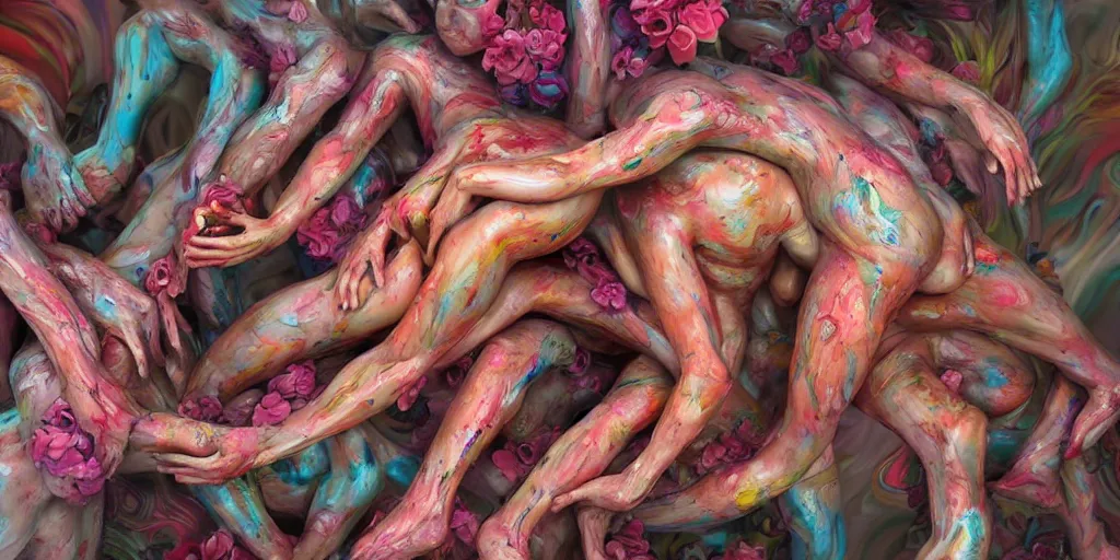 Image similar to closeup photograph of a surrealist sculpture human bodies intertwined, a lovely cornucopia of flowers and human body parts, body parts, paint pour, swirling paint, highly detailed, octane render, cinematic