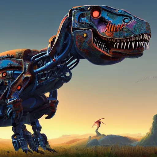 Image similar to a character art rendering of a robot T-rex made of mechanical parts, cartoonish psychedelic paleoart rendering, realistic dinosaur cyborg in the style of simon stålenhag, made with zbrush