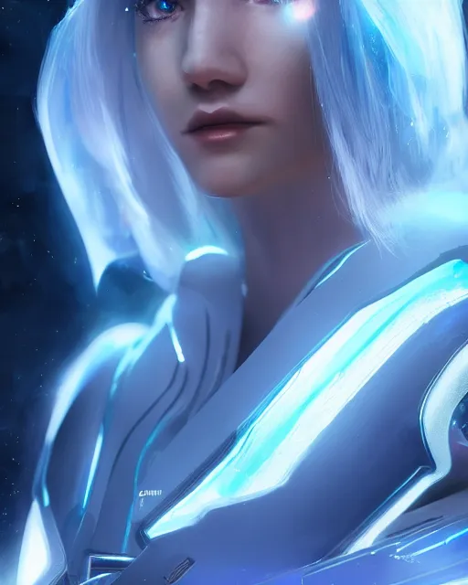 Image similar to perfect android girl on a mothership, warframe armor, beautiful face, scifi, futuristic, galaxy, nebula, raytracing, dreamy, long white hair, blue cyborg eyes, sharp focus, cinematic lighting, highly detailed, artstation, divine, by gauthier leblanc, kazuya takahashi, huifeng huang