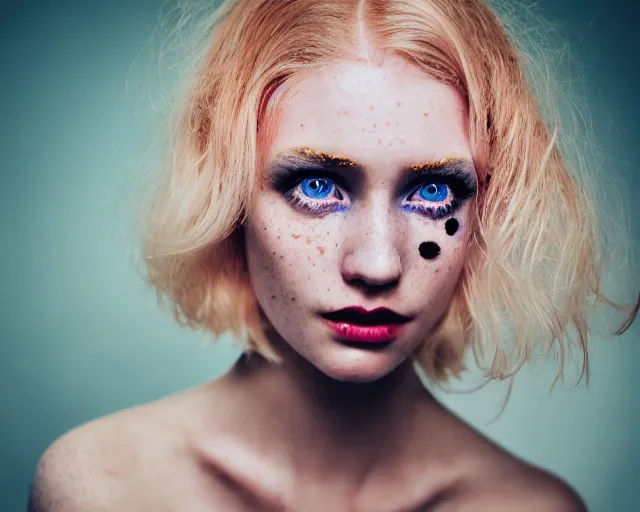 Image similar to pale young woman with bright blonde hair, freckles, blue eyes and a wide face, flowery dress, using a professional slr camera close to her face, dramatic lighting, bright flare, surreal art by anna nikonova