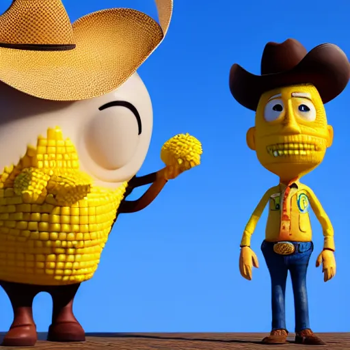 Prompt: john cornyn as a pixar character with a corn on the cob body and cowboy hat, 3 d, octane render,