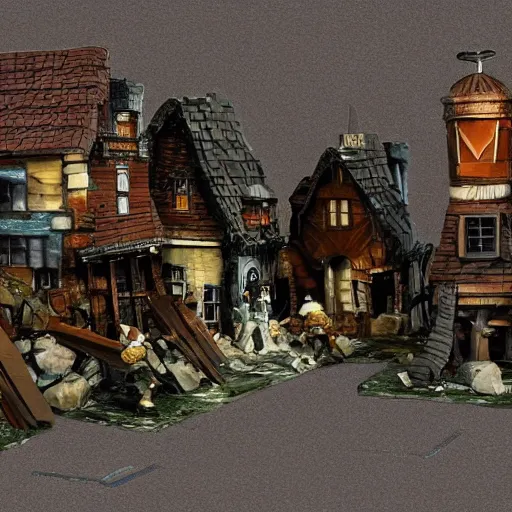 Image similar to fantasy town, barricaded! streets, night watch, ( ( ruins ) )