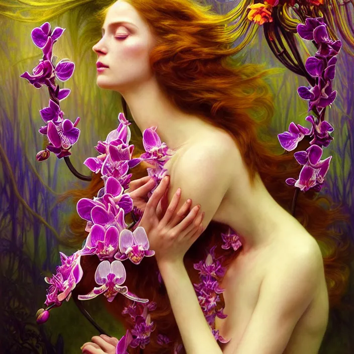 Image similar to psychedelic creature made of orchids, diffuse lighting, fantasy, intricate, elegant, highly detailed, lifelike, photorealistic, digital painting, artstation, illustration, concept art, smooth, sharp focus, art by John Collier and Albert Aublet and Krenz Cushart and Artem Demura and Alphonse Mucha