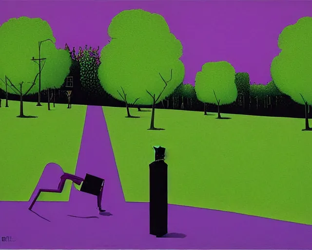 Prompt: a purple green and black painting by guy billout