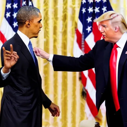 Image similar to barack obama and donald trump engage in a fist fight amongst journalists, photo