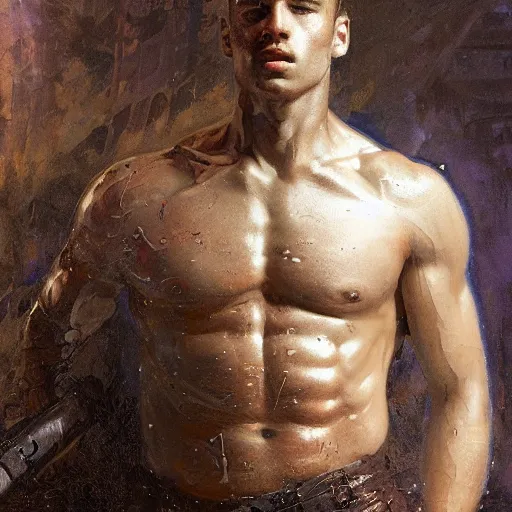 Prompt: handsome portrait of a young guy fitness posing, war hero, confidence, radiant light, caustics, reflective sweat, by gaston bussiere, bayard wu, greg rutkowski, giger, maxim verehin