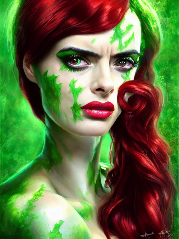 Image similar to krysten ritter as poison ivy from batman, digital painting, extremely detailed, 4 k, intricate, brush strokes, mark arian, artgerm, bastien lecouffe - deharme