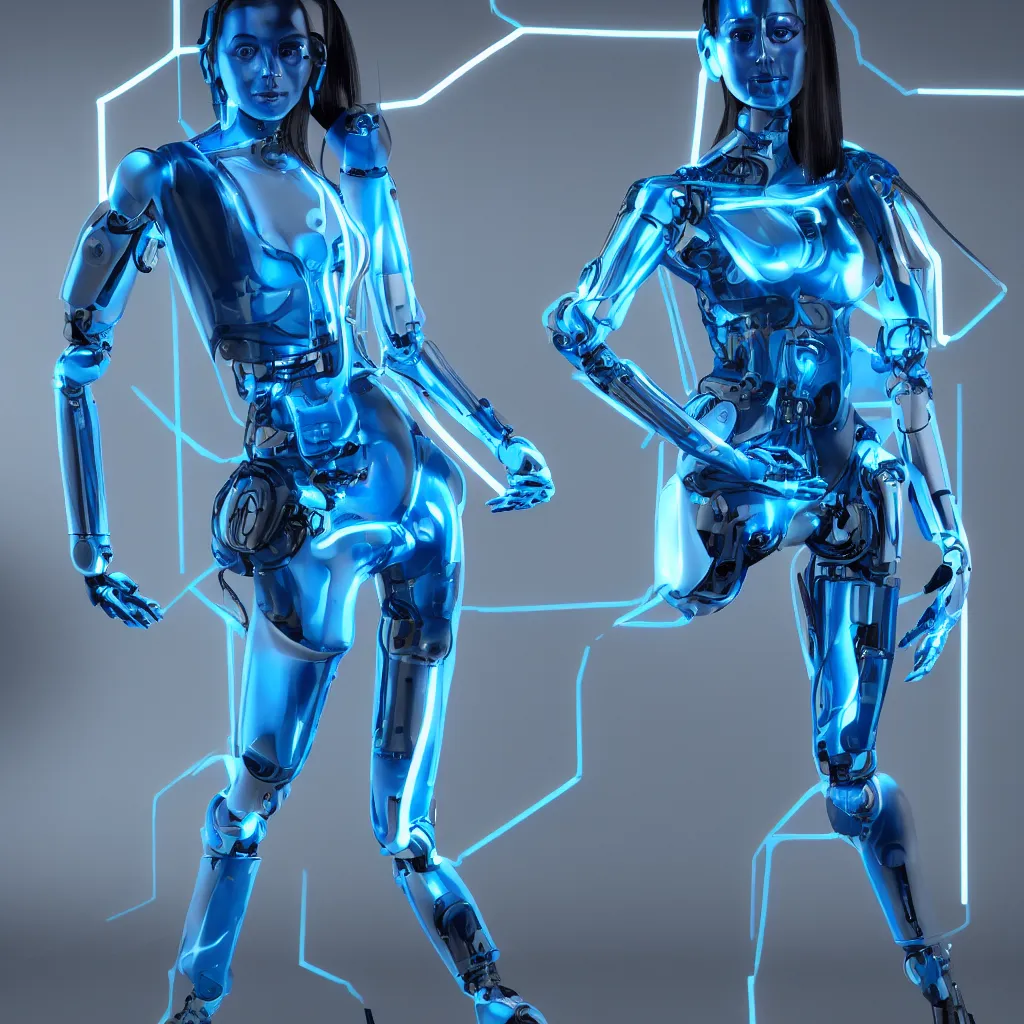 Prompt: a beautiful female robot human hybrid wearing a blue latex jumpsuit, circuitry glowing through the suit like tron, face, torso, legs, feet, epic angle, octane render, photo realistic, hyper realistic, 8 k resolution in the style of alvin schwartz