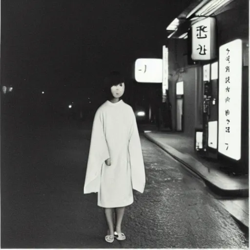 Image similar to a Japanese woman with bangs on a street at night, 1966, 35mm photography, red neon lights