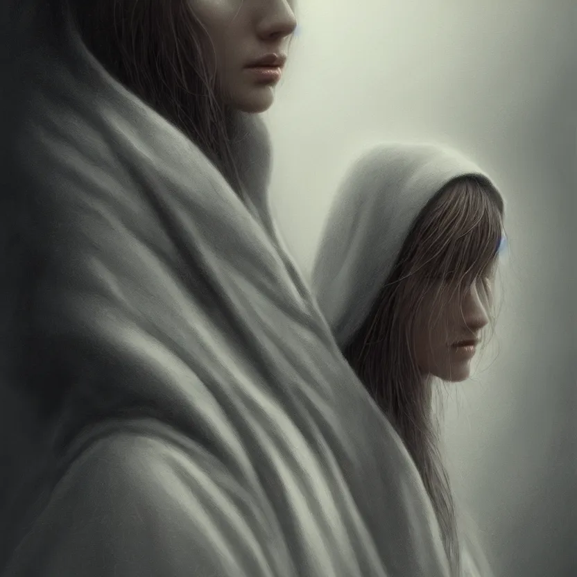 Image similar to Portrait of a young woman wearing a hooded robe, cinematic lighting, unique, intricate, elegant, highly detailed digital painting, trending on Artstation, concept art, smooth, sharp focus, illustration and art by Beksinski