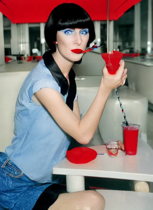 Prompt: a photograph of a woman with large blue eyes, thin nose, red lipstick and black bob with fringe, wearing a white shirt, seated at a table, drinking a milkshake with a straw by Herb Ritts