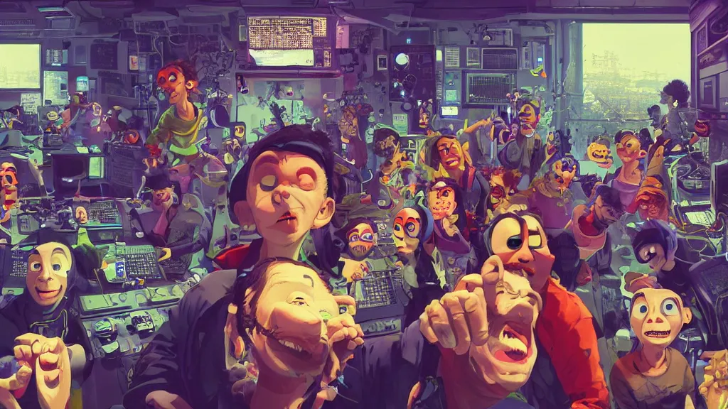 Prompt: selfie of a tight group of happy drunken hackers at a party in a highly detailed server room with computers everywhere and wires, in a scifi movie, vivid colors, by jamie hewlett, nuri iyem, james gurney, james jean, greg rutkowski, anato finnstark. pixar. hyper detailed, wide angle, perfect faces