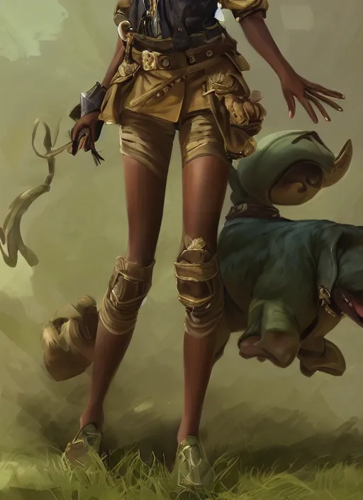 Image similar to a highly detailed illustration of cute african girl wearing military uniform and green officer cap riding on giant dog!!!, dramatic standing pose, perfect face, intricate, elegant, highly detailed, centered, digital painting, artstation, concept art, smooth, sharp focus, league of legends concept art, wlop