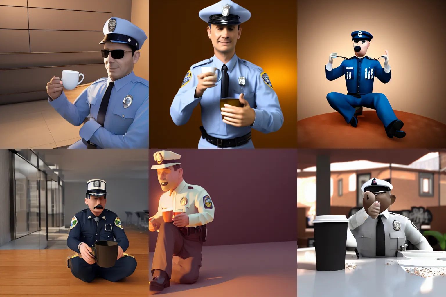 Prompt: 3d render of a cute policeman drinking a cup of coffee, 4k, raytracing