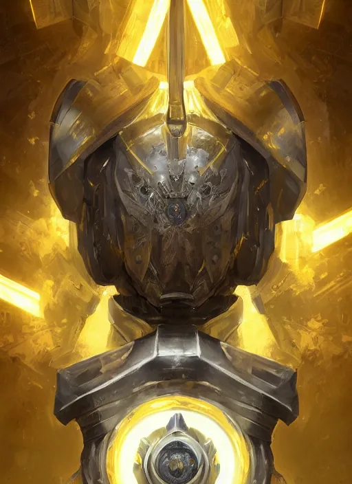 Prompt: dynamic head-on abstract portrait of a intricate glorious holy mechanical warforged character in yellow armor holding a paladin engraved great longsword drawn and carrying a big paladin shield, beam glowing eye , face in focus, epic , trending on ArtStation, masterpiece, cinematic lighting, by Ross Tran and by Greg Rutkowski