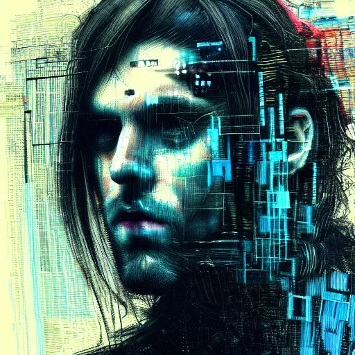 Prompt: hyperrealistic portrait of a cyberpunk man, long hair, by Guy Denning, Johannes Itten, Russ Mills, glitch art, hacking effects, glitch effects, digital tech effects, cybernetics, detailed lines, holographic, chromatic, color blocking!, oil on canvas, octane, concept art, abstract, blue and black, 8k, cinematic, trending on artstation