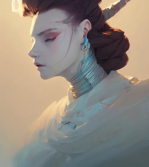 Image similar to portrait of a female immortal queen in amazing dress 汉 服 by atey ghailan, by greg rutkowski, by greg tocchini, by james gilleard, by joe fenton, by kaethe butcher, dynamic lighting, gradient light blue, brown, blonde cream and white color scheme, grunge aesthetic