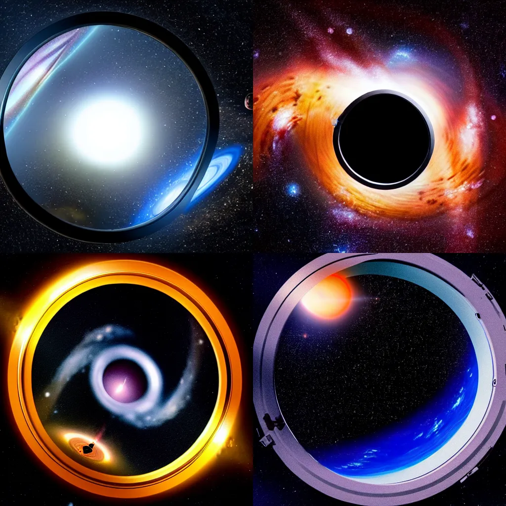 Prompt: Realistic photo of a black hole absorbing the planet Earth at the middle of the Milky Way Galaxy, capturing through the porthole of a spaceship