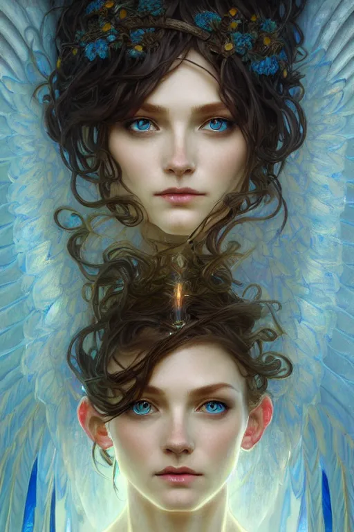 Prompt: portrait of an antropomorthic earth angel, forest spirit, D&D, blue eyes, face, fantasy, intricate, elegant, highly detailed, digital painting, artstation, concept art, smooth, sharp focus, illustration, art by artgerm and greg rutkowski and alphonse mucha