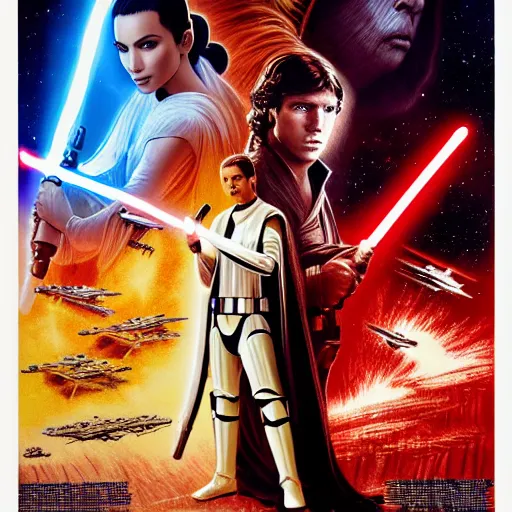 Image similar to super detailed star wars movie poster with Jesus Christ and kim kardashian, 8k full HD photo, cinematic lighting, anatomically correct, oscar award winning, action filled, correct eye placement,