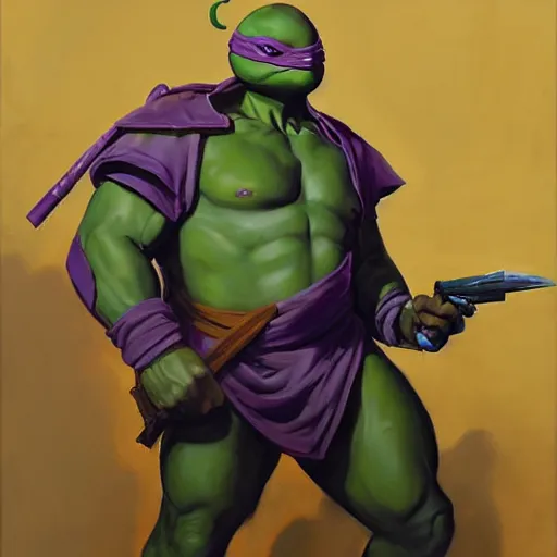 Prompt: Greg Manchess portrait painting of Donatello of TMNT as Overwatch character, medium shot, asymmetrical, profile picture, Organic Painting, sunny day, Matte Painting, bold shapes, hard edges, street art, trending on artstation, by Huang Guangjian and Gil Elvgren and Sachin Teng