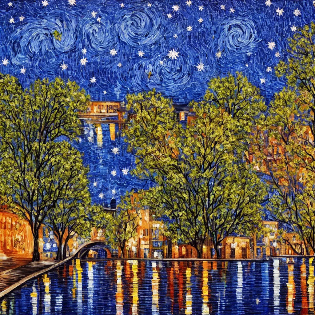 Prompt: the city of san antonio style of starry night modern epic skyscraper alamo river walk trees blue swirls headlights oil painting expressive