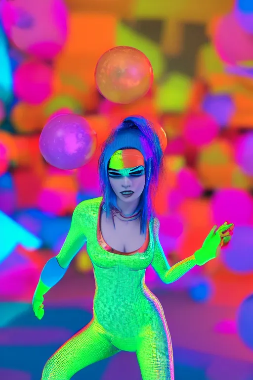 Prompt: a scene with a character wearing a super colorful fluo costume, vivienne westwood, detailed photoreal render octane render