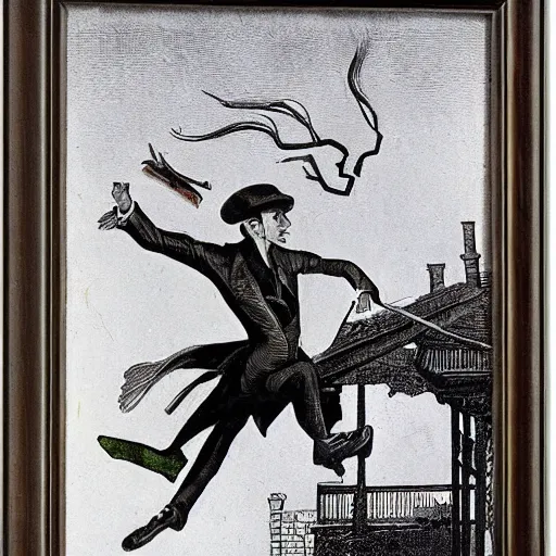 Image similar to spring-heeled jack, aristocrat devil jumping over the roofs of victorian london, by max ernst