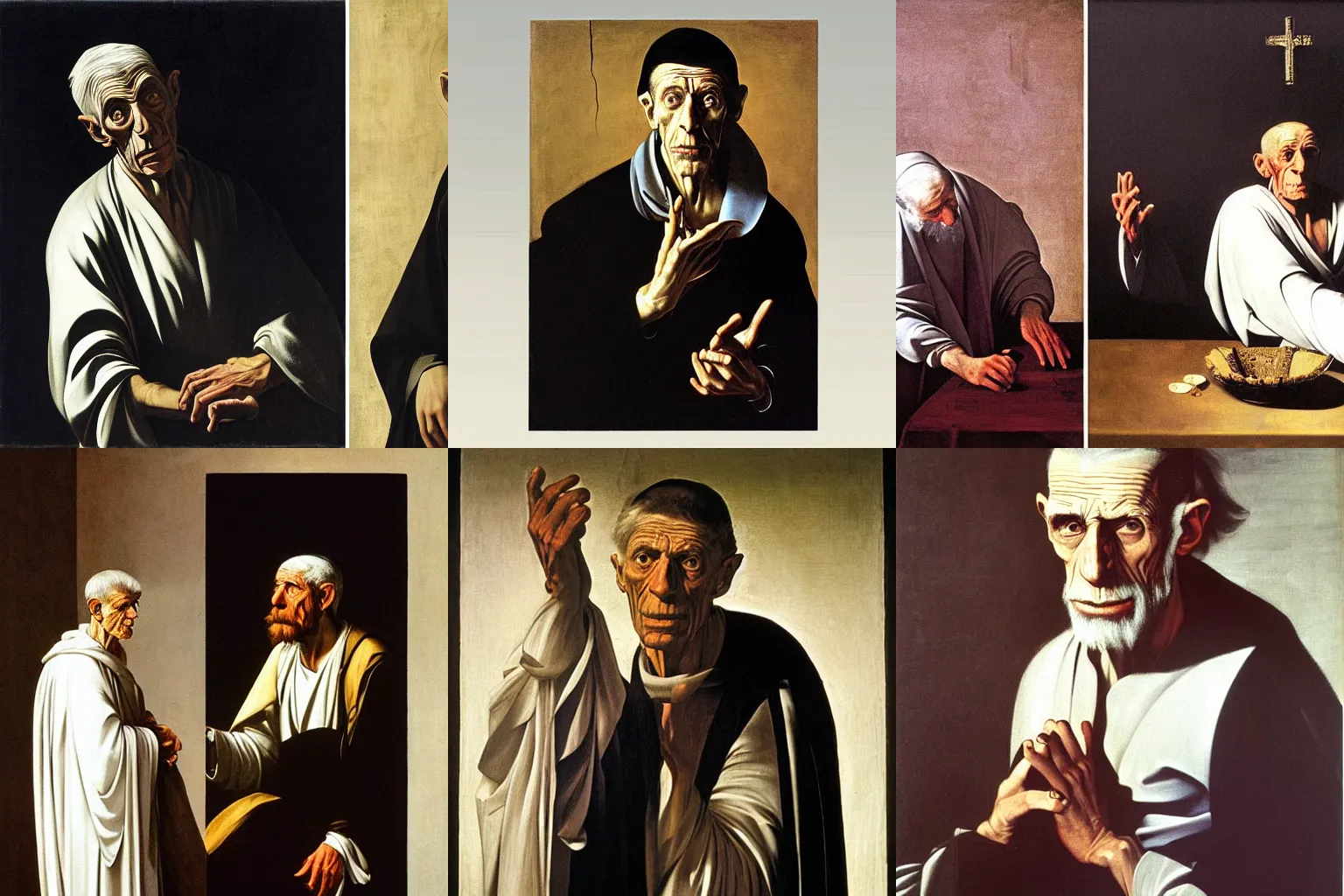 Prompt: painting by Caravaggio showing portrait of Samuel Beckett as holy man, baroque painting