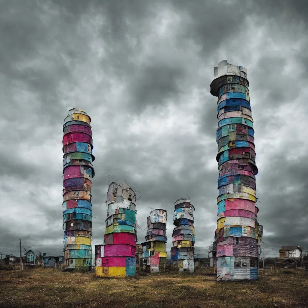 Image similar to close - up view of a circular tower made up of colourful makeshift squatter shacks, bleached colours, moody cloudy sky, dystopia, mamiya, very detailed, photographed by cristina de middel