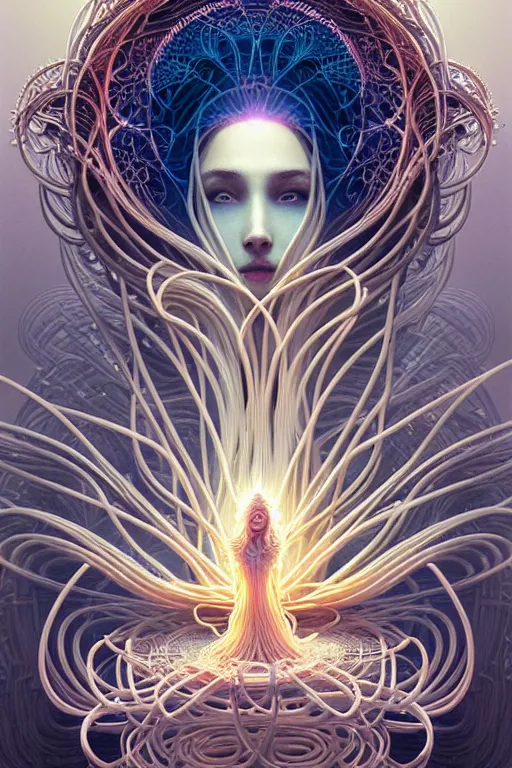 Prompt: beautiful flying spaghetti monster goddess, ethereal art deco, fantasy, intricate art deco pasta designs, elegant, highly detailed fractals, sharp focus, art by artgerm and beeple and greg rutkowski and wlop