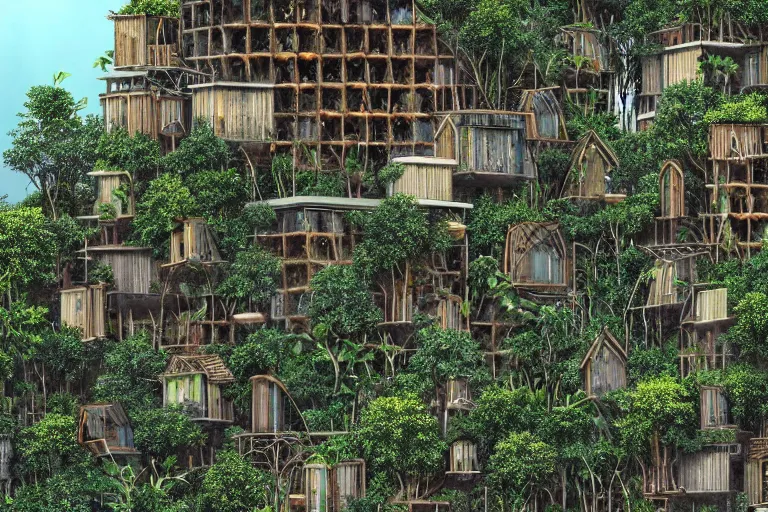 Prompt: highly detailed foliage overgrowing favela honeybee hive, brutalist environment, glass houses, cathedrals, award winning art, epic dreamlike fantasy landscape, ultra realistic,