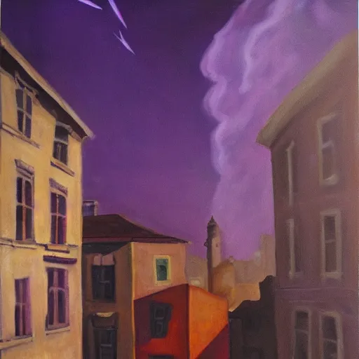 Prompt: hyperrealistic painting of old town, terrifying, purple dim light, ghosts flying from 8 floors building