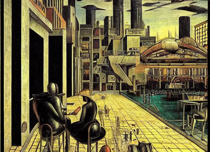 Prompt: melancholy rainy night at a cyberpunk cafe in an infinity cyberpunk city by giorgio de chirico