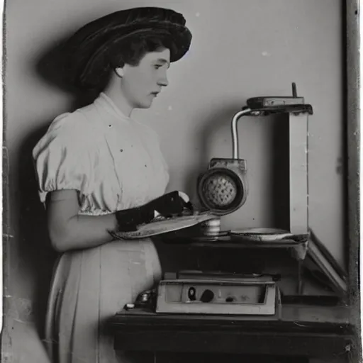 Image similar to an early 1900s photo of someone on a computer making a donut in blender