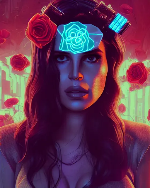 Image similar to portrait of lana del rey as a cyberpunk cyborg. sci - fi intricate abstract upper body intricate artwork, roses, rose petals by tooth wu, wlop, beeple, dan mumford. concept art, octane render, trending on artstation, greg rutkowski, asymmetrical, cinematic arthouse, key art, hyper realism, iridescent accents