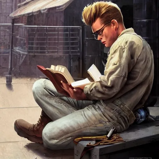 Prompt: a highly detailed epic cinematic concept art CG render digital painting artwork costume design: young James Dean as a well-kept neat anarchist rebel in 1950s USSR mechanic overalls and big boots, reading a book. By Greg Rutkowski, Ilya Kuvshinov, WLOP, Stanley Artgerm Lau, Ruan Jia and Fenghua Zhong, trending on ArtStation, subtle muted cinematic colors, made in Maya, Blender and Photoshop, octane render, excellent composition, cinematic atmosphere, dynamic dramatic cinematic lighting, aesthetic, very inspirational, arthouse