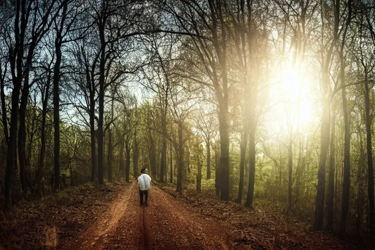 Prompt: a man standing on a dirt road in the woods, a stock photo by gregorius sickinger, pixabay contest winner, primitivism, rendered in maya, anamorphic lens flare, dark