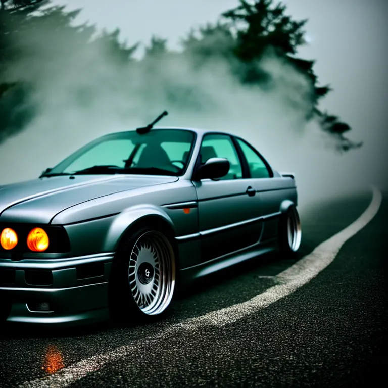 Image similar to close-up-photo Woman Driver standing against her car, BMW E36 turbo illegal meet, work-wheels, Gunma prefecture, misty at night, cinematic color, photorealistic, high detailed deep dish wheels, highly detailed, custom headlights, subtle neon underlighting