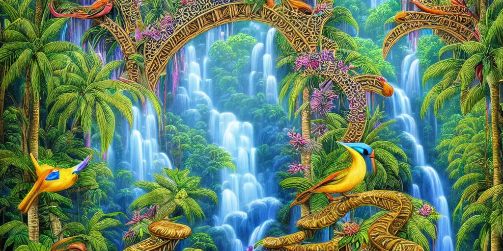 Prompt: visionary art, tropical eastern waterfall valley, with great birds, rich geometry, precise and incredibly highly detailed intricate 8 k wallpaper, john stephens, lisa frank, intricate stunning award winning masterpiece trending on artstation