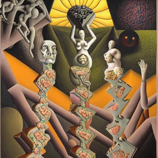 Image similar to the three fates, pain, pleasure, suffering, adventure, love, life, afterlife, abstract oil painting, gouche on paper by MC Escher and Salvador Dali and raqib shaw,-W 1024